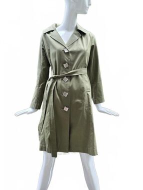 Blue Sky Waxed Cotton Forest Green Trench Coat Belted Hooded Button Down Sm